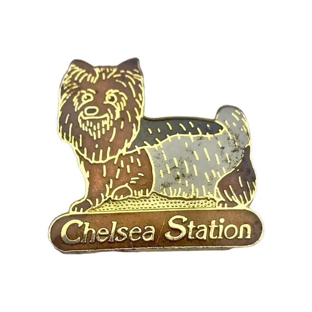 Chelsea Station Pin Gold Tone Enamel Dog Yorkie Yorkshire Terrier Brooch